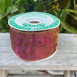 Stats Burgundy Floral Wire Ribbon One Roll 2.5" W 9.5 Yards Holidays/Gift Wrap